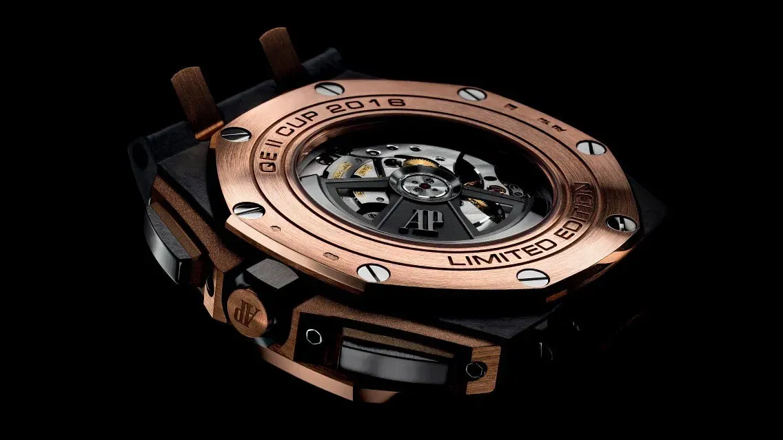 Exposed movement caseback of a fine timepiece