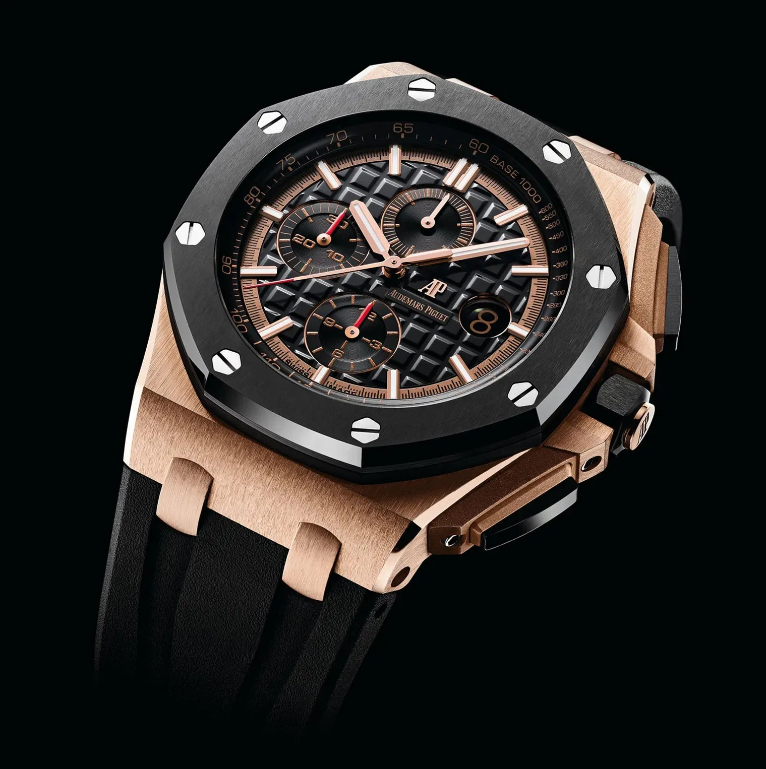 Close-up of a black and rose-gold chronograph